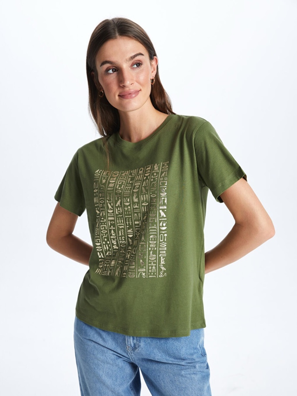 LCW Vision Olive Green Egyptian Hieroglyphics Graphic T-Shirt 2XL‎ Cotton